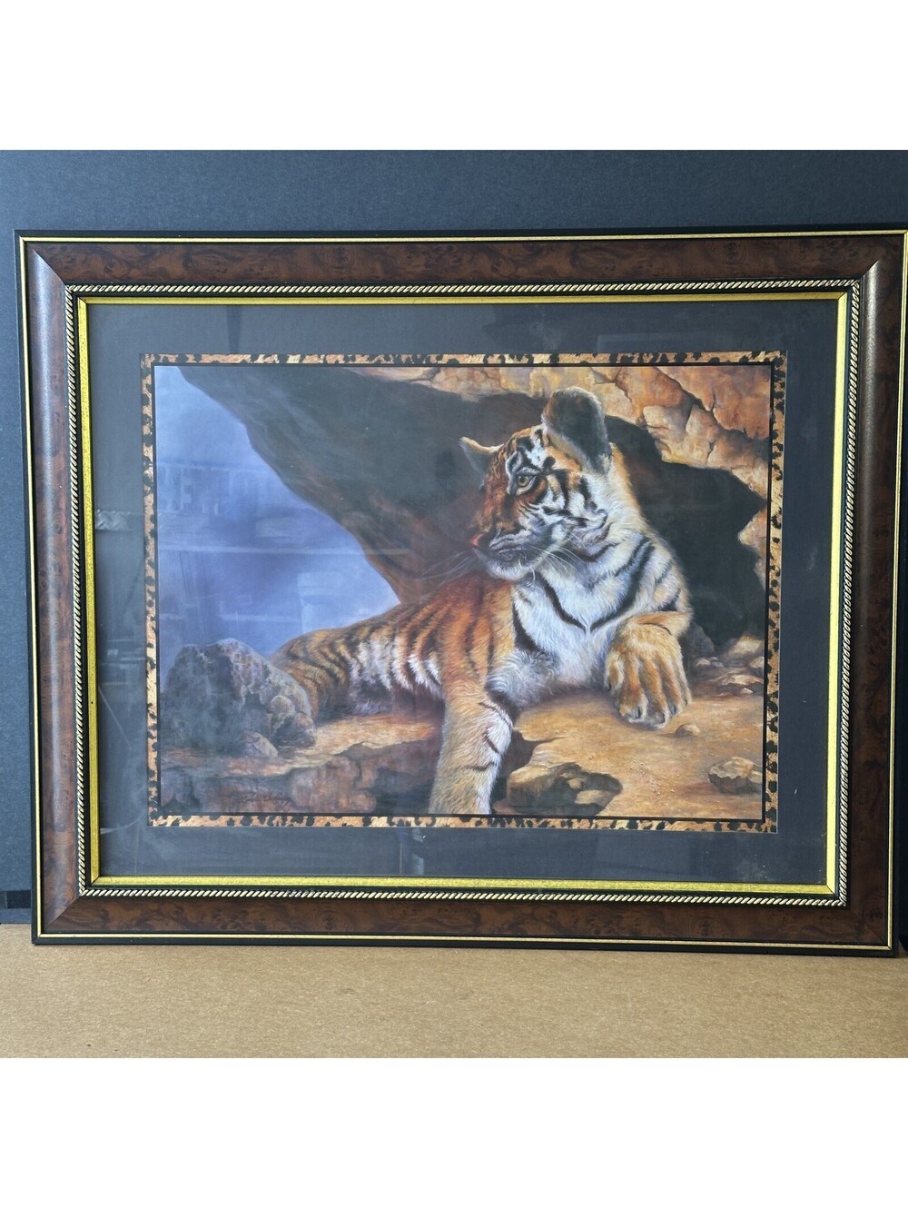 Vintage Home Interiors Framed Tiger Cub Art Print Signed Linda Wacaster Decor